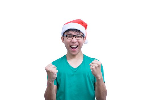 Asian Santa Claus man with eyeglasses and green shirt has very happy isolated on white background with copy space.