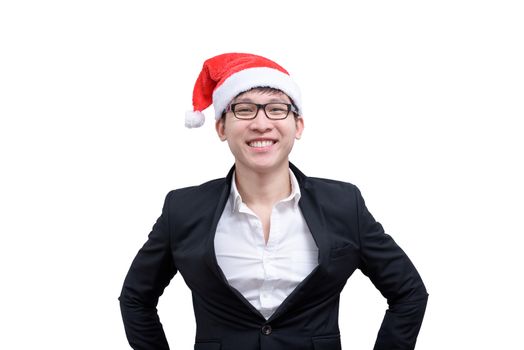 Business man has happy and smiling with Christmas festival themes isolated on white background.