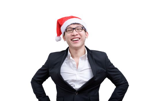 Business man has happy and smiling with Christmas festival themes isolated on white background.