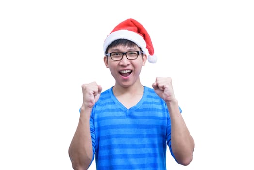 Asian Santa Claus man with eyeglasses and blue shirt has very happy isolated on white background with copy space.