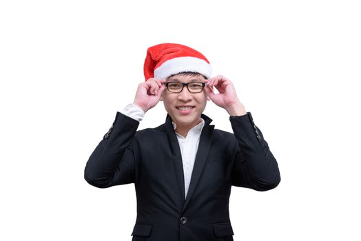 Business man has happy and smiling with Christmas festival themes isolated on white background.