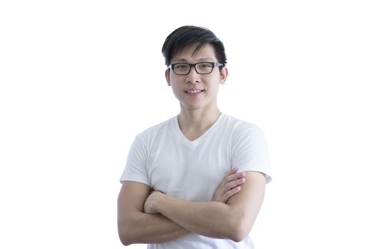 Asian handsome man with white shirt and orange eyeglasses has arms crossed and happy  smile  isolated on white background.