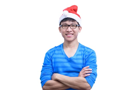 Asian Santa Claus man with eyeglasses and blue shirt has very happy isolated on white background with copy space.