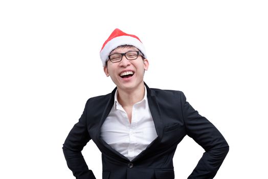 Business man has happy and smiling with Christmas festival themes isolated on white background.