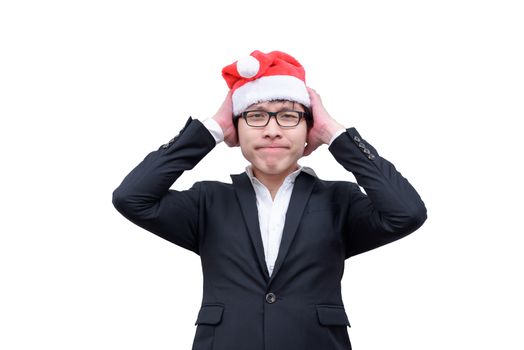 Business man has thinking new idea and target with Christmas festival themes isolated on white background.