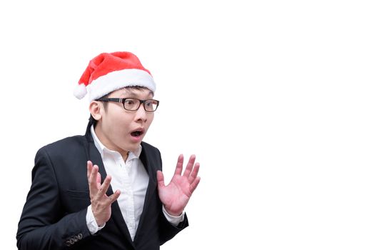 Business man has shocking and surprised with Christmas festival themes isolated on white background.