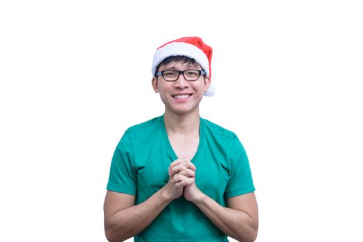Asian Santa Claus man with eyeglasses and green shirt has plead and appeal for luck isolated on white background with copy space.