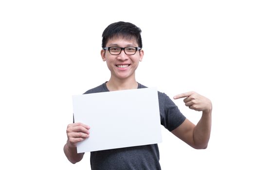 Asian man with eyeglasses and grey shirt has holding a white blank advertisement banner isolated on white background with copy space.