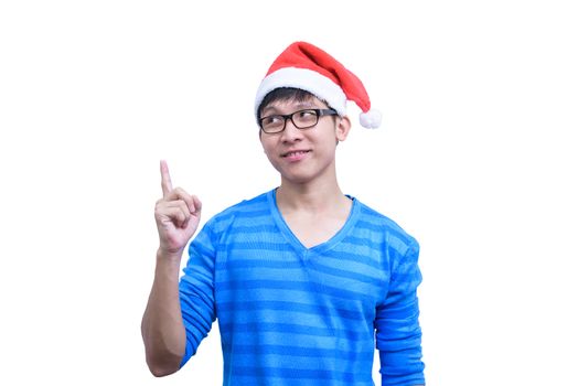 Asian Santa Claus man with eyeglasses and blue shirt has seriuosly thinking for new idea and success isolated on white background with copy space.