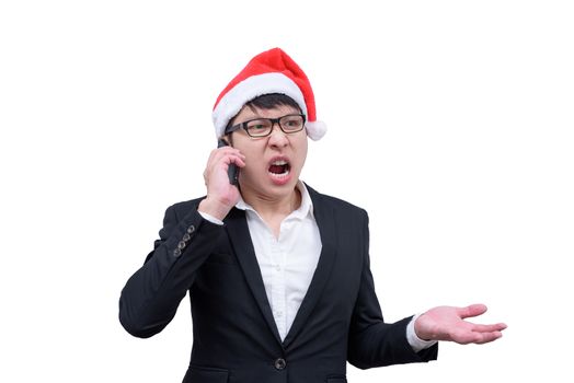 Business man has talking and screaming with Christmas festival themes isolated on white background.