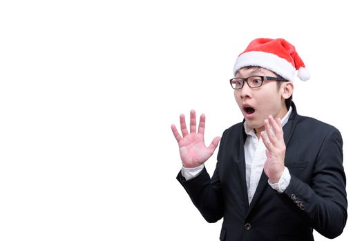 Business man has shocking and surprised with Christmas festival themes isolated on white background.