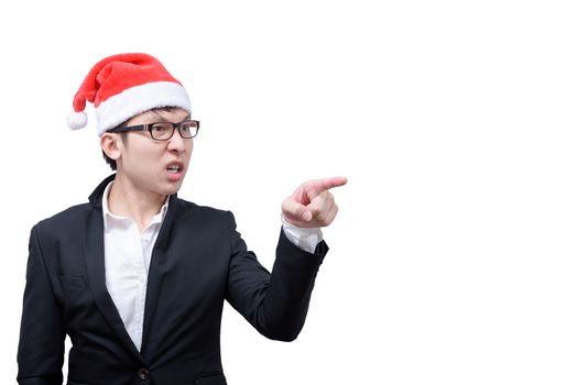 Business man has angry and upset with Christmas festival themes isolated on white background.