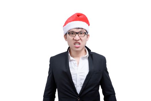 Business man has angry and upset with Christmas festival themes isolated on white background.