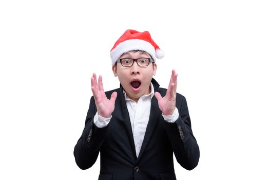 Business man has shocking and surprised with Christmas festival themes isolated on white background.