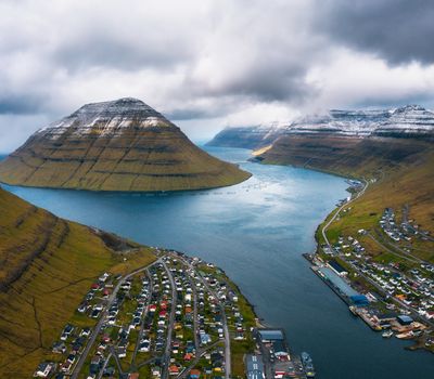 Aerial view of the city of Klaksvik on Bordoy island in the Faroe Islands, Denmark