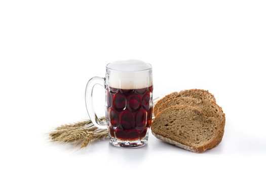 Traditional kvass beer mug with rye bread isolated on white background