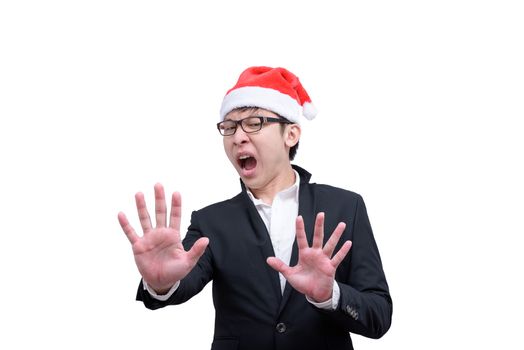 Business man has shocking and surprised with Christmas festival themes isolated on white background.