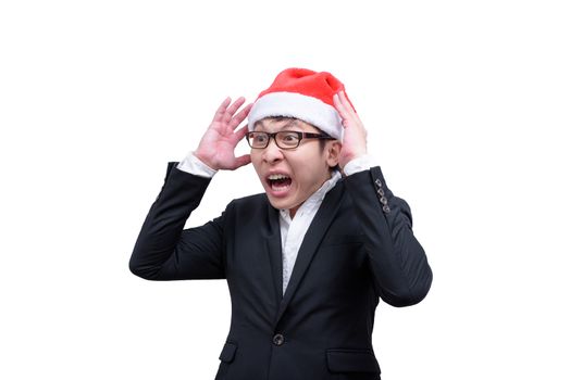 Business man has shocking and surprised with Christmas festival themes isolated on white background.