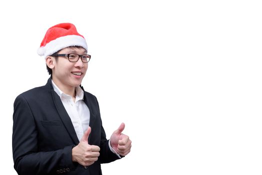 Business man has thumb show with Christmas festival themes isolated on white background.