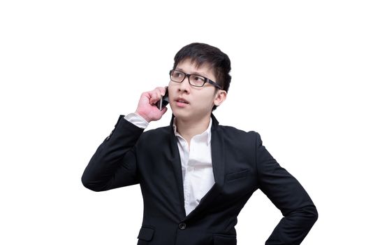 Asia businessman has holding a phone for seriuosly talking with smile and happy isolated on white background.