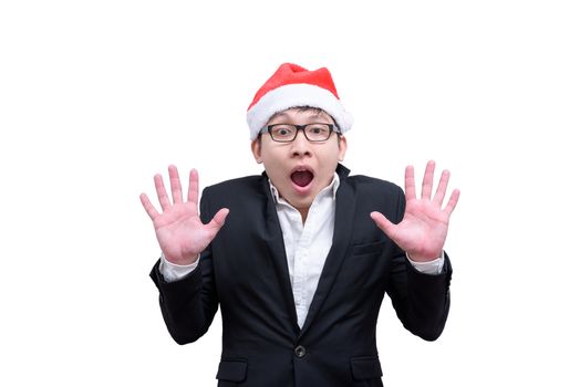 Business man has shocking and surprised with Christmas festival themes isolated on white background.