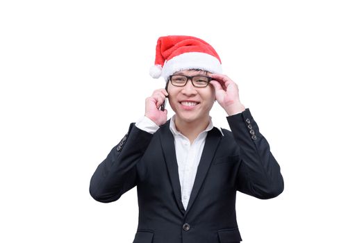 Business man has talking and laughing with Christmas festival themes isolated on white background.