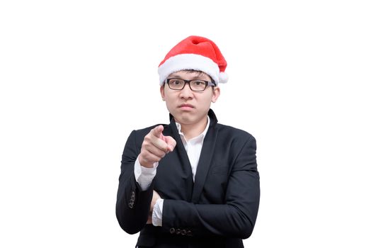 Business man has angry and upset with Christmas festival themes isolated on white background.