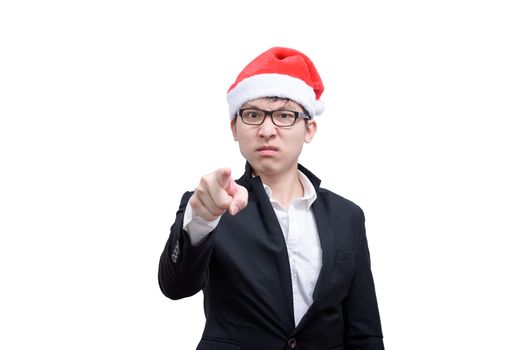 Business man has angry and upset with Christmas festival themes isolated on white background.