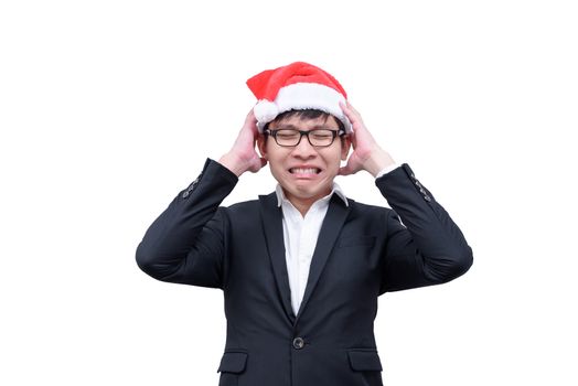 Business man has disappointed and crying with Christmas festival themes isolated on white background.