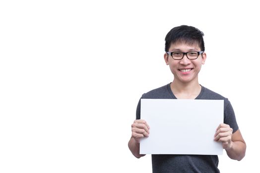 Asian man with eyeglasses and grey shirt has holding a white blank advertisement banner isolated on white background with copy space.