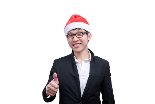 Business man has thumb show with Christmas festival themes isolated on white background.