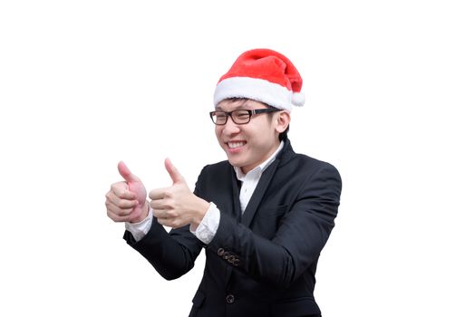 Business man has thumb show with Christmas festival themes isolated on white background.