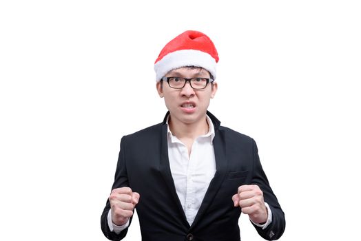 Business man has angry and upset with Christmas festival themes isolated on white background.