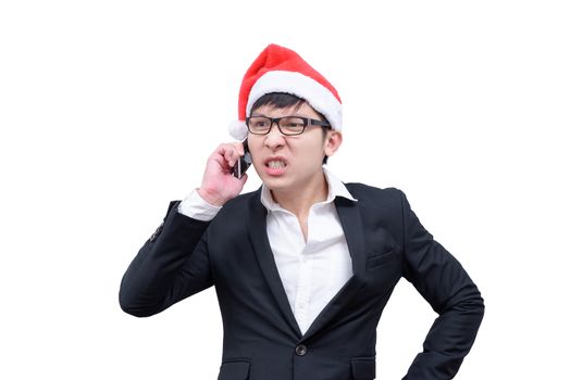 Business man has talking and screaming with Christmas festival themes isolated on white background.