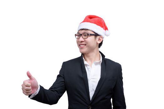 Business man has thumb show with Christmas festival themes isolated on white background.