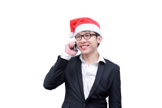 Business man has talking and smiling with Christmas festival themes isolated on white background.