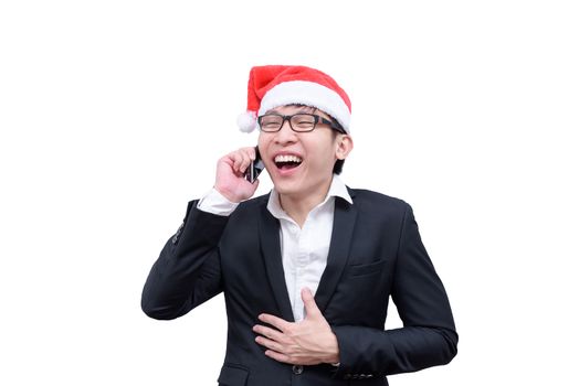 Business man has talking and laughing with Christmas festival themes isolated on white background.