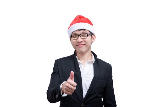 Business man has thumb show with Christmas festival themes isolated on white background.