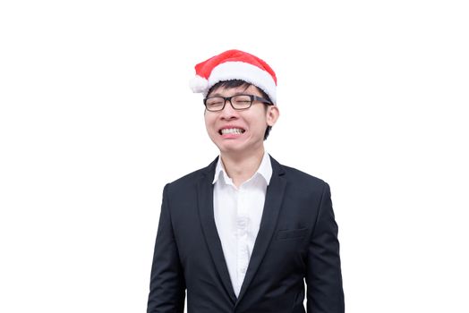 Business man has disappointed and crying with Christmas festival themes isolated on white background.