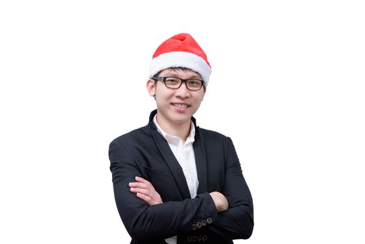 Business man has happy and smiling with Christmas festival themes isolated on white background.