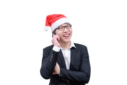 Business man has talking and laughing with Christmas festival themes isolated on white background.