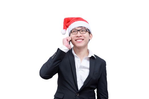 Business man has talking and smiling with Christmas festival themes isolated on white background.