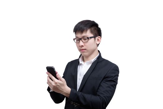 Asia businessman has holding a phone for working with smile and happy isolated on white background.