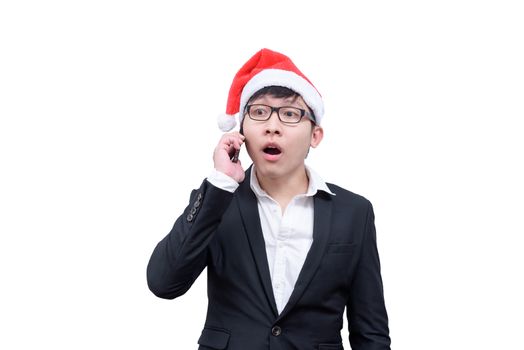 Business man has talking and screaming with Christmas festival themes isolated on white background.