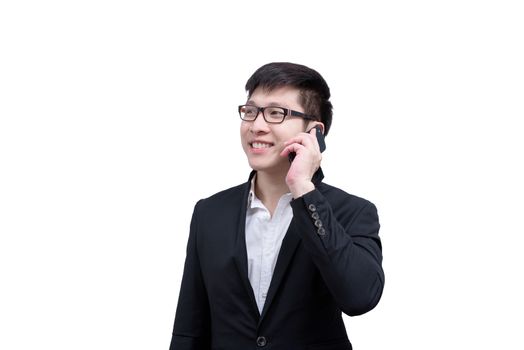 Asia businessman has holding a phone for talking with smile and happy isolated on white background.