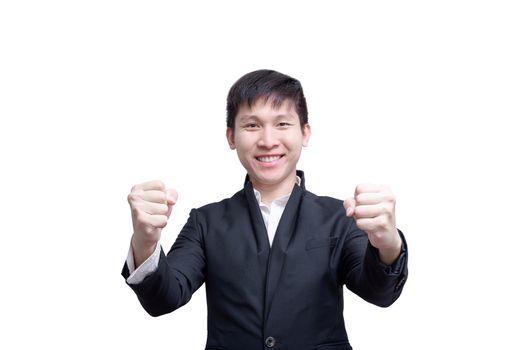 Asia businessman has happy with success the goal isolated on white background.
