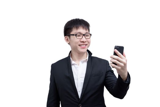 Asia businessman has holding a phone for working with smile and happy isolated on white background.