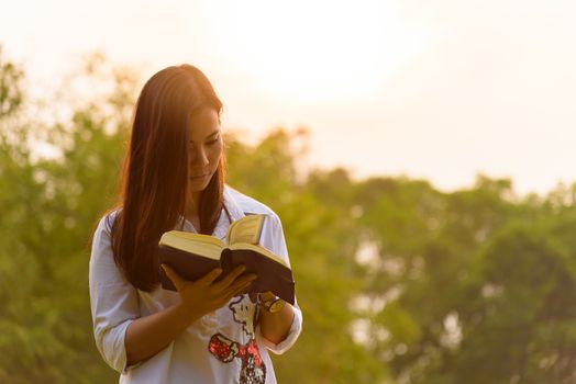 Beautiful asian woman reading a book at garden with happiness and relaxing in the evening with sunset time.