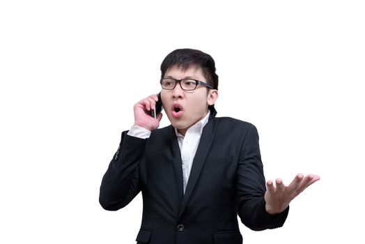 Asia businessman has holding a phone for seriuosly talking with smile and happy isolated on white background.