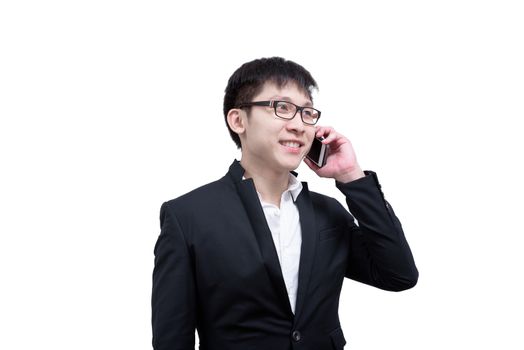 Asia businessman has holding a phone for talking with smile and happy isolated on white background.